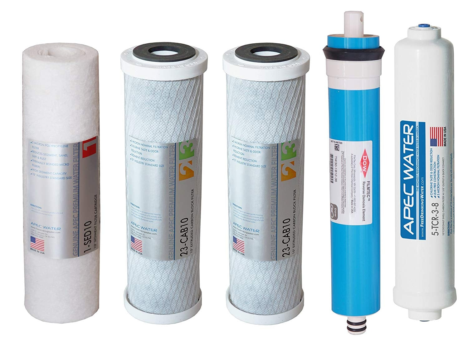 APEC RO Replacement Filters Complete Filter Set for ULTIMATE RO-45 and RO-PUMP Models - With 3/8" Quick Dispense Upgrade (Stages 1-5)