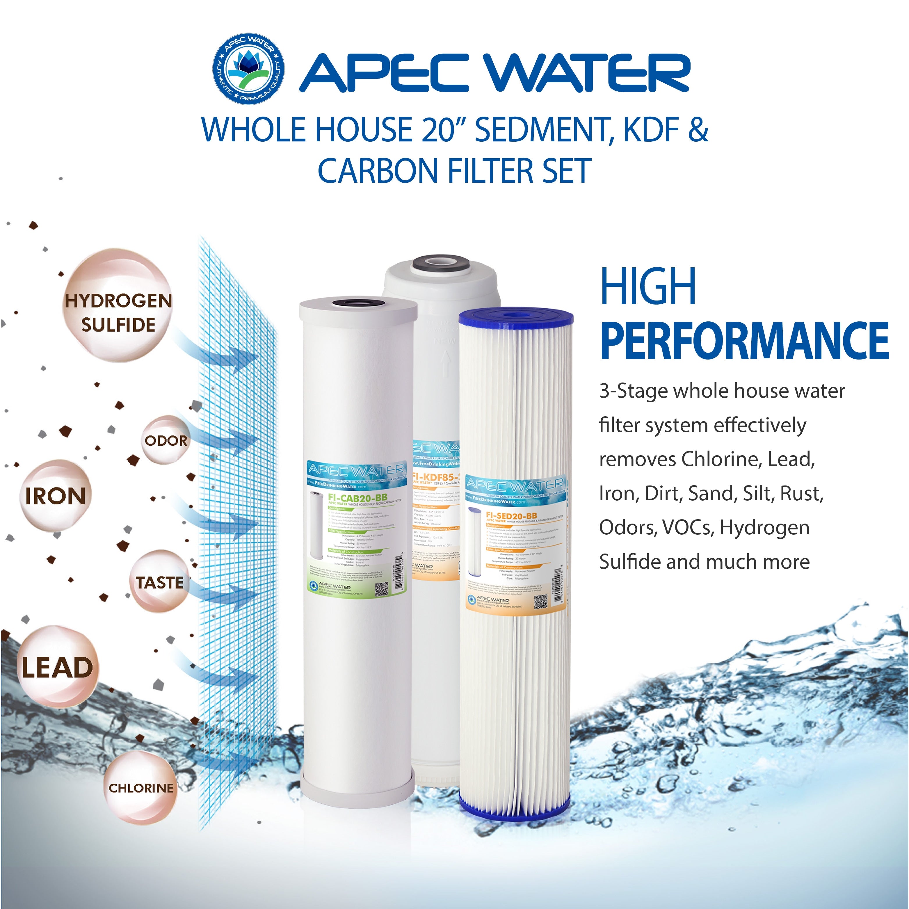 APEC Water Whole House Sediment KDF Carbon Filter High Performance 3-stage whole house water filter system
