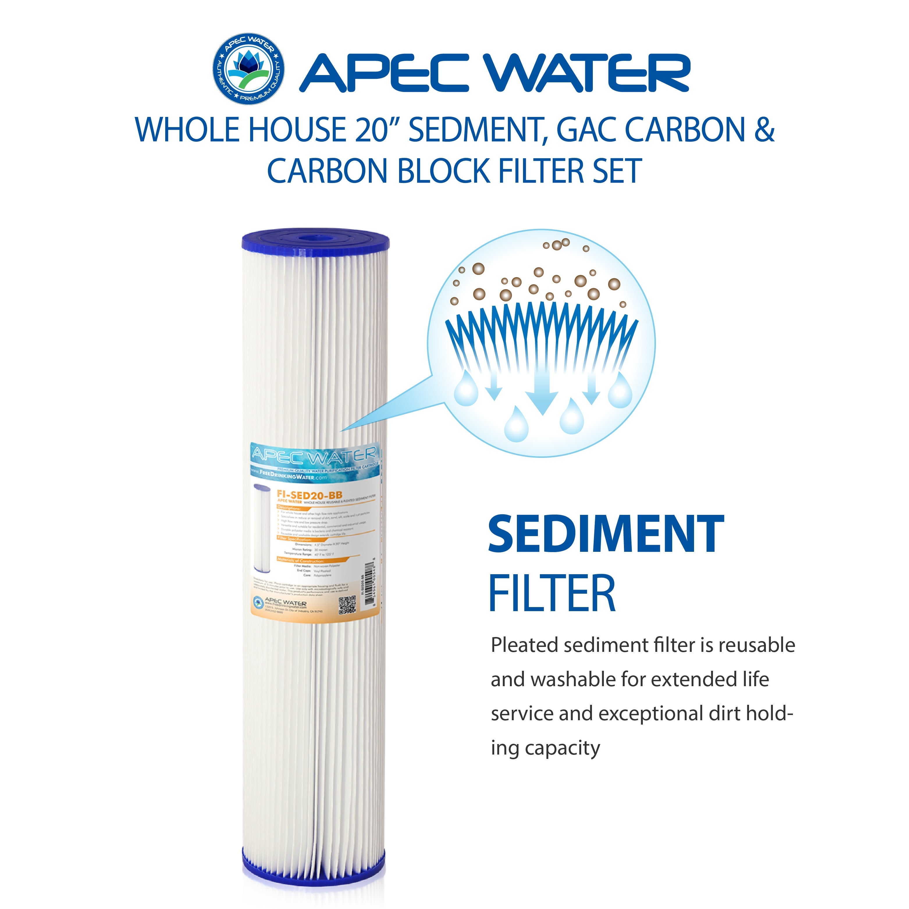 APEC 20 Inch Whole House Sediment, GAC Carbon, Carbon Block Replacement Filter Bundle for CB3-SED-CAB-CBC20-BB