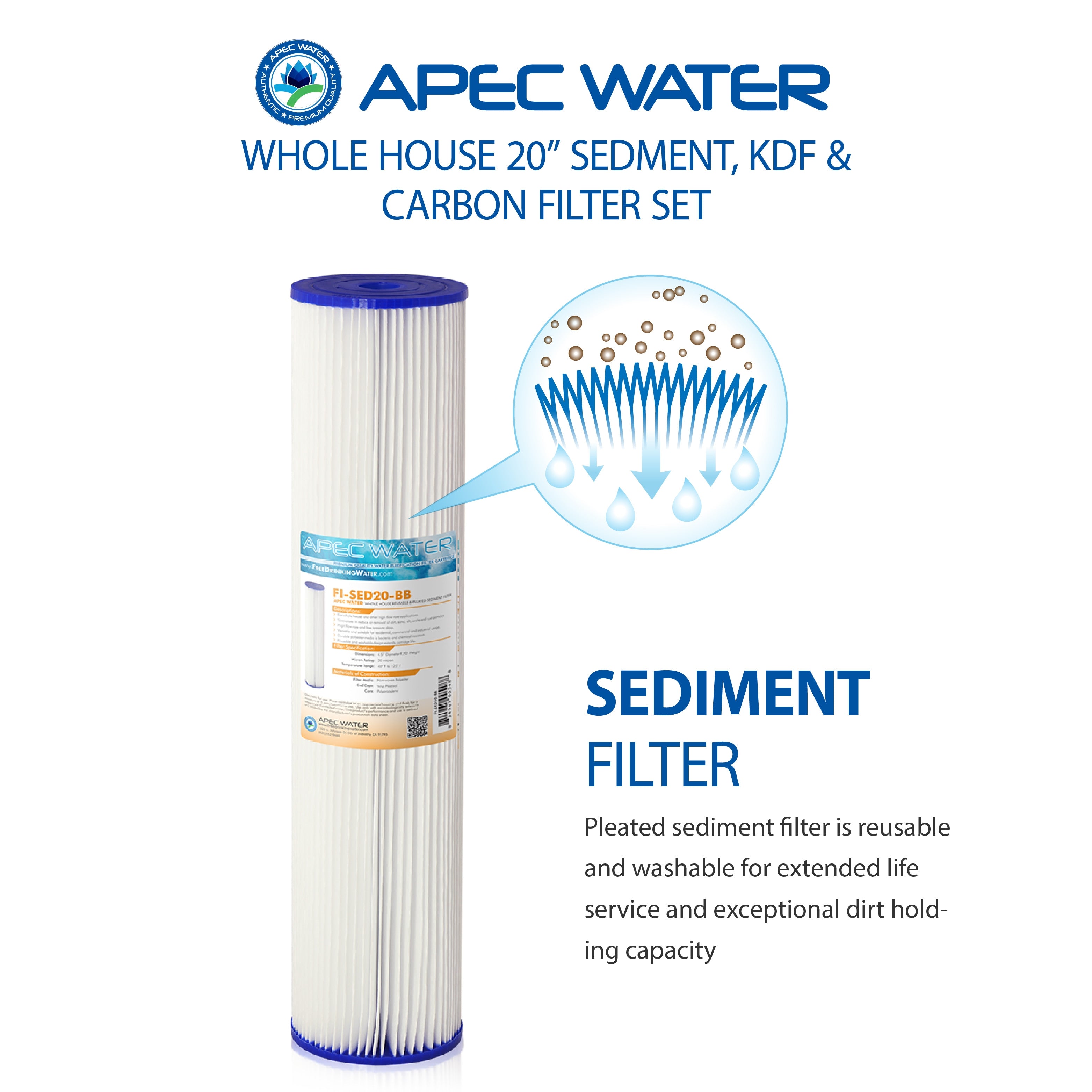APEC 20 Inch Whole House Sediment, KDF and Carbon Replacement Filter Bundle for CB3-SED-KDF-CAB20-BB