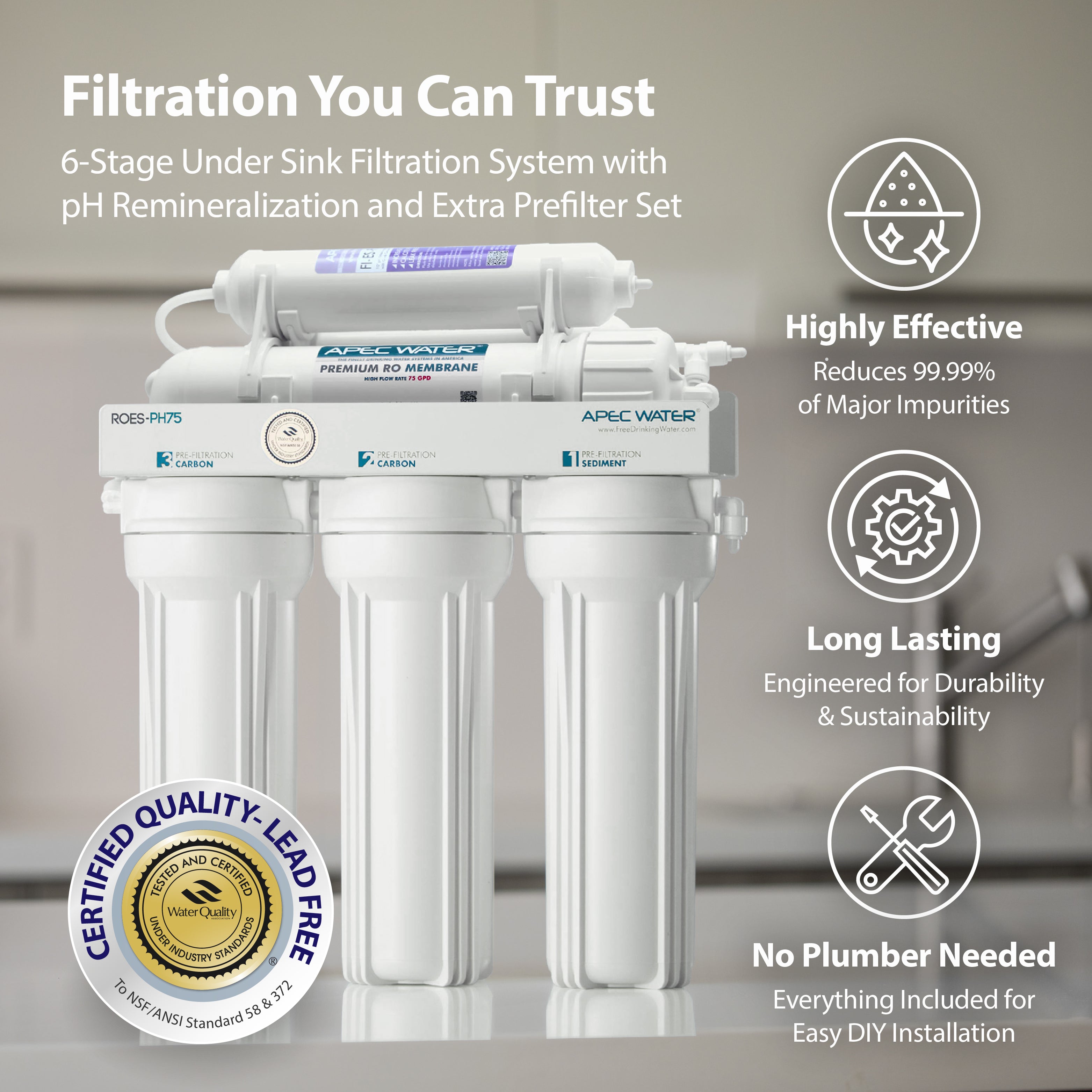 ROES-PH75X - Essence Alkaline Mineral 6-Stage 75 GPD Reverse Osmosis Water Filter System With Extra Pre-Filter Bundle, WQA Certified