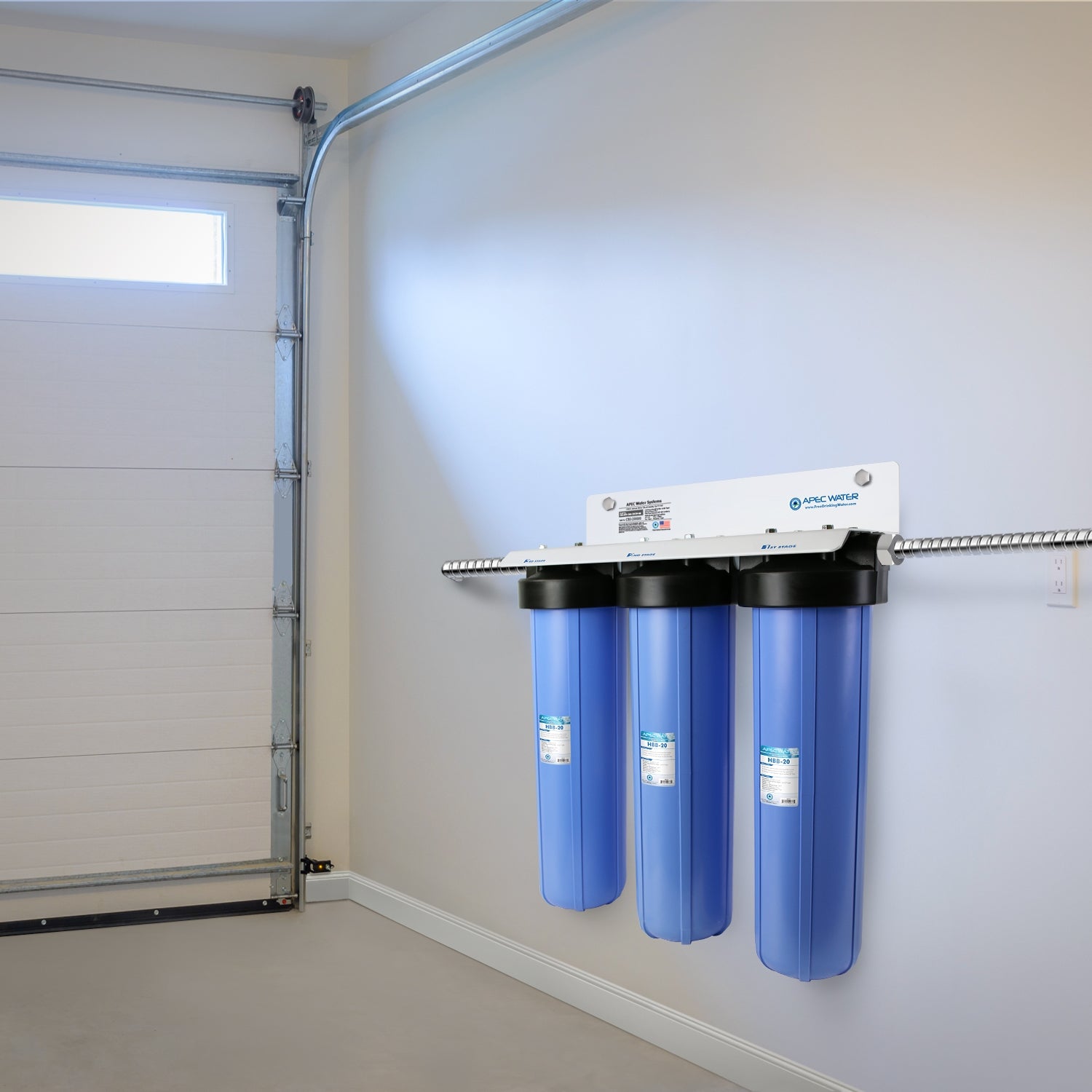 Multi purpose 20-inch BB sediment, GAC carbon, and carbon block combo water filter system mounted on wall in utility room