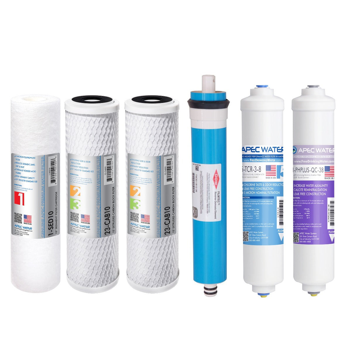 APEC RO Replacement Filters Complete Filter Set for ULTIMATE 90 GPD PH RO 6-Stage Systems (Stages 1-6) - With 3/8"D Tubing Quick Dispense Upgrade