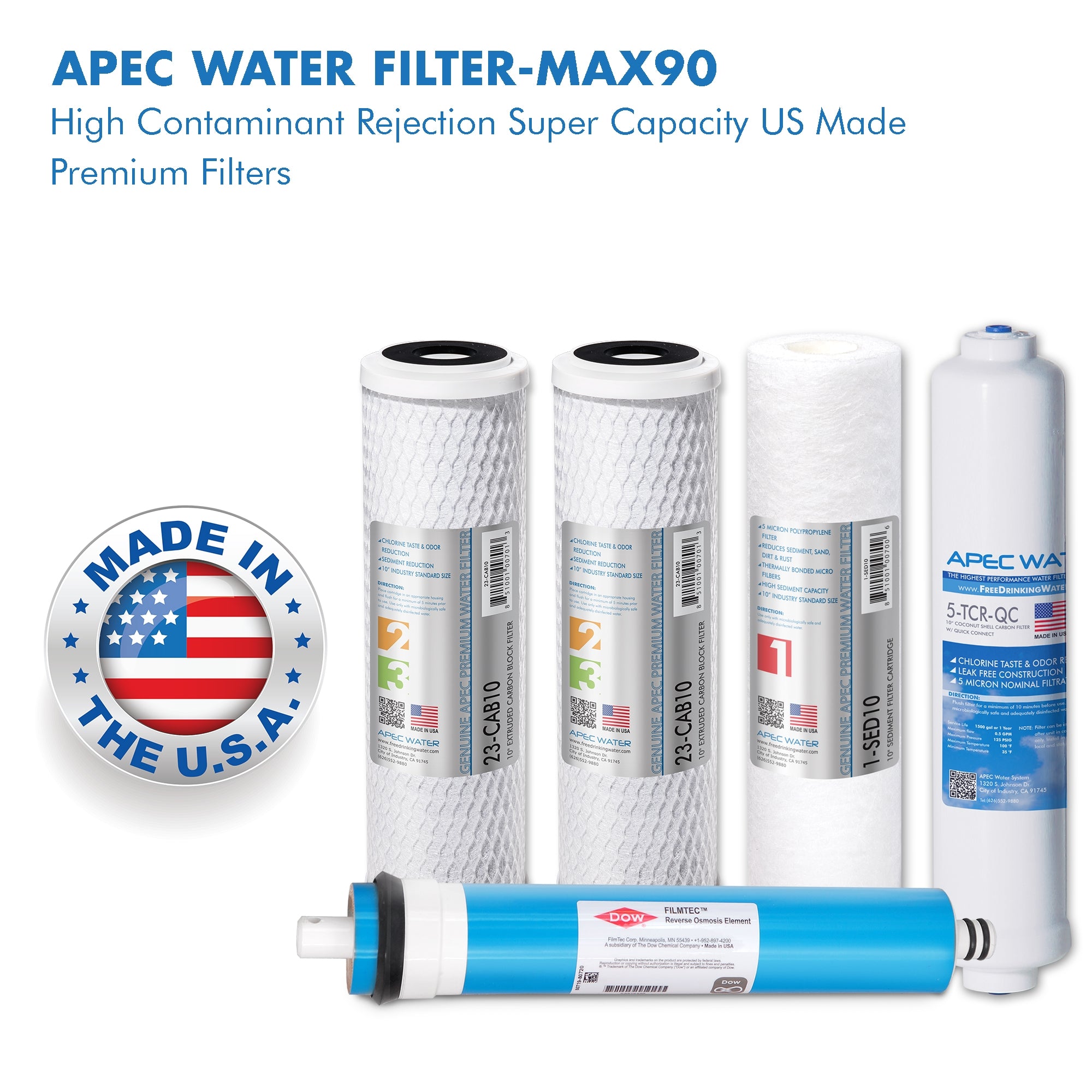 APEC RO Replacement Filters Complete Filter Set for ULTIMATE RO-90 and RO-PERM Models With 1/4"D Tubing (Stages 1-5)
