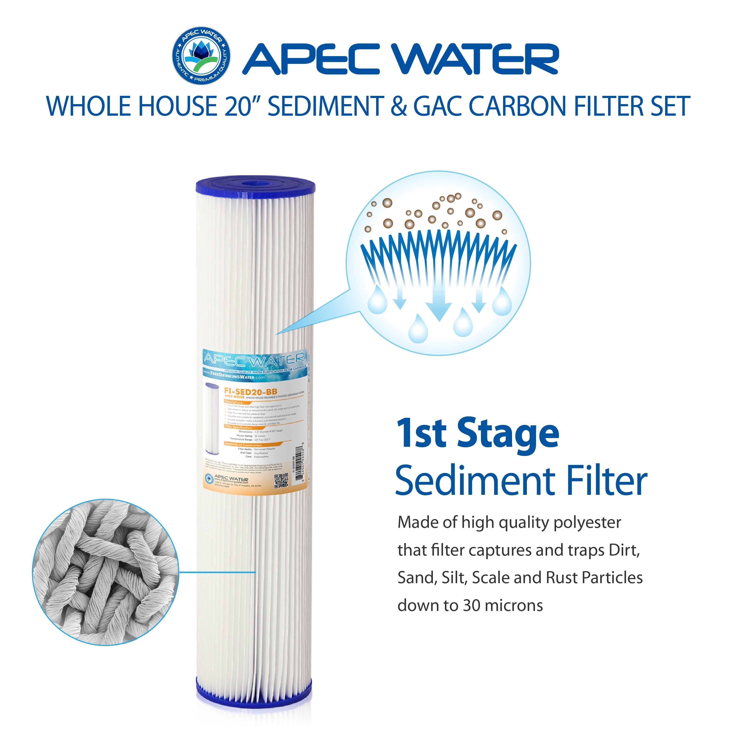 APEC 20 Inch Whole House Sediment Carbon Replacement Filter Bundle for CB2-SED-CAB20-BB