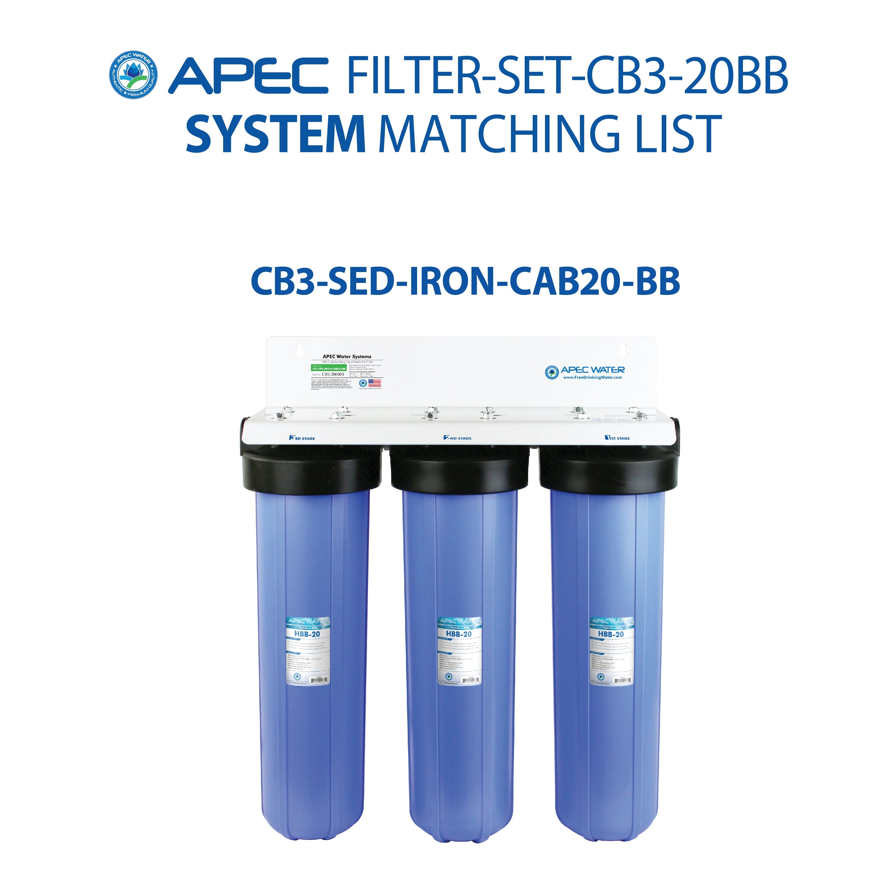 APEC 20 Inch Whole House Sediment, Iron, Carbon Replacement Filter Bundle for CB3-SED-IRON-CAB20-BB