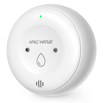 APEC WATER wireless water leak detector with a green light on a white background