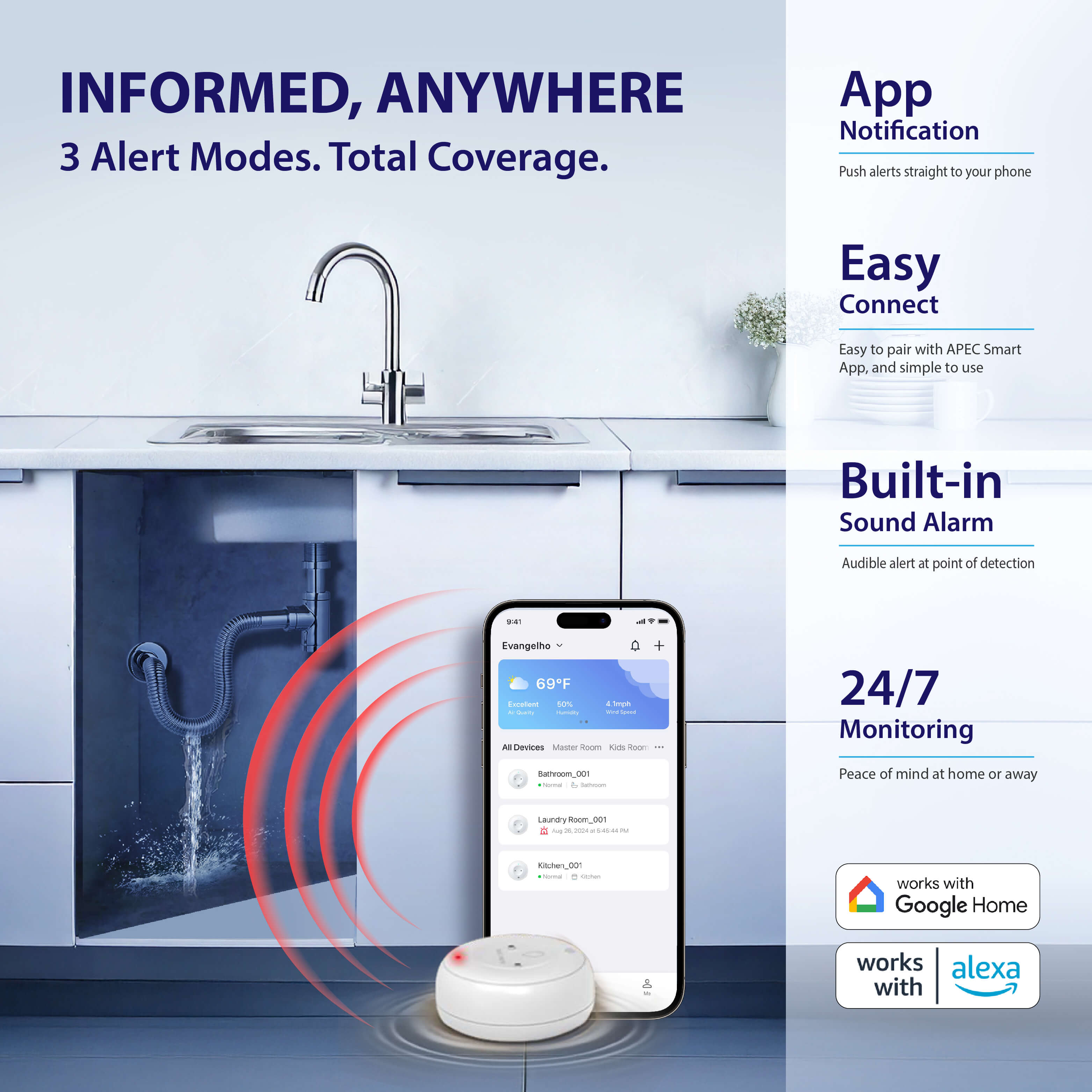 Smart home device with smartphone app on kitchen counter, featuring water damage detection capabilities.