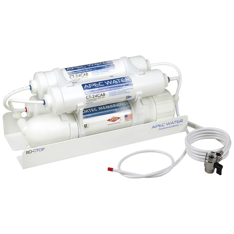 Portable countertop reverse osmosis water filtration system for ultra-pure drinking water with 90 GPD capacity.