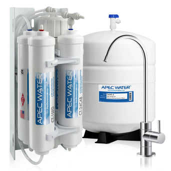 Apec Water filtration system with multiple filters and a water dispenser on a white background