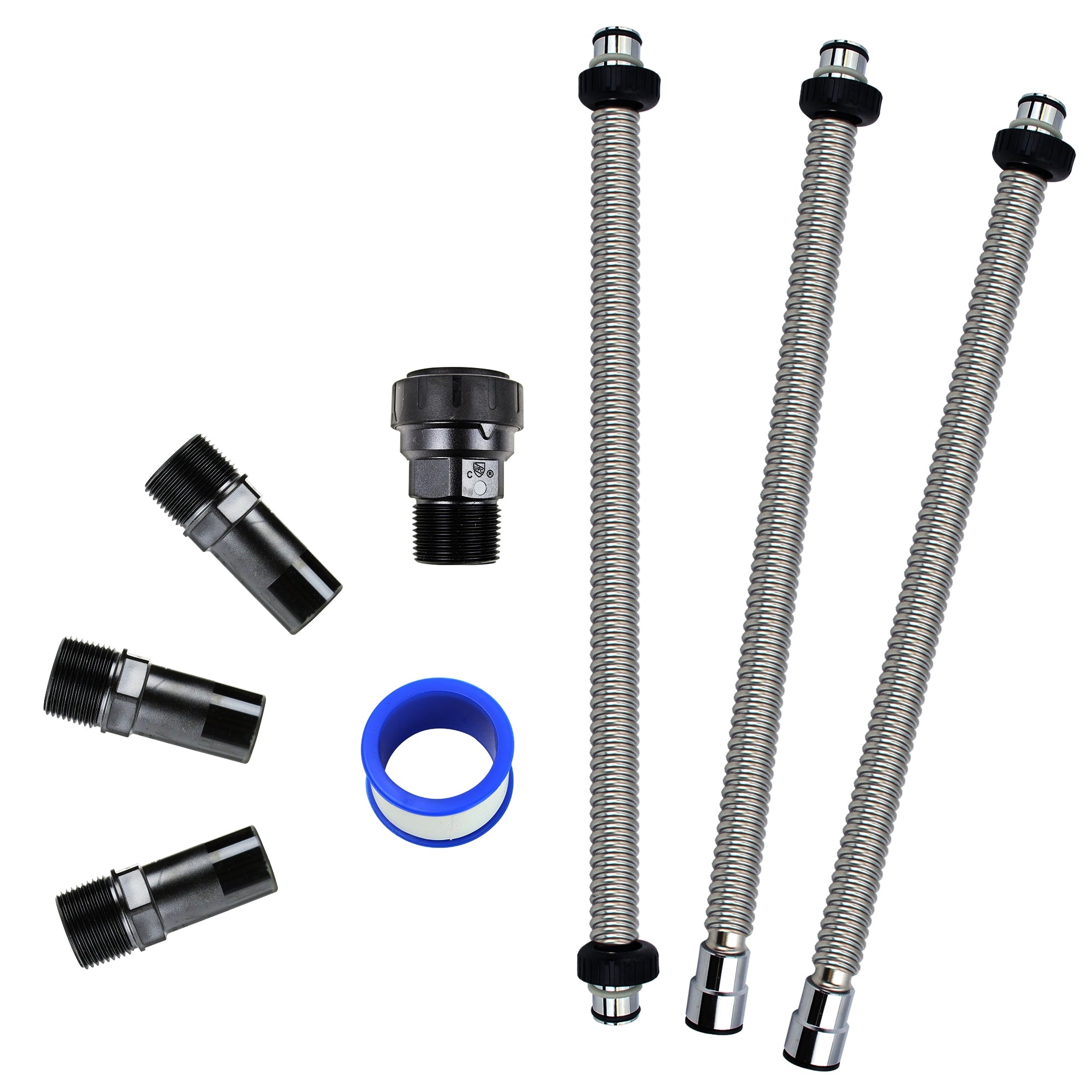 Set of flexible metal hoses and connectors on a white background